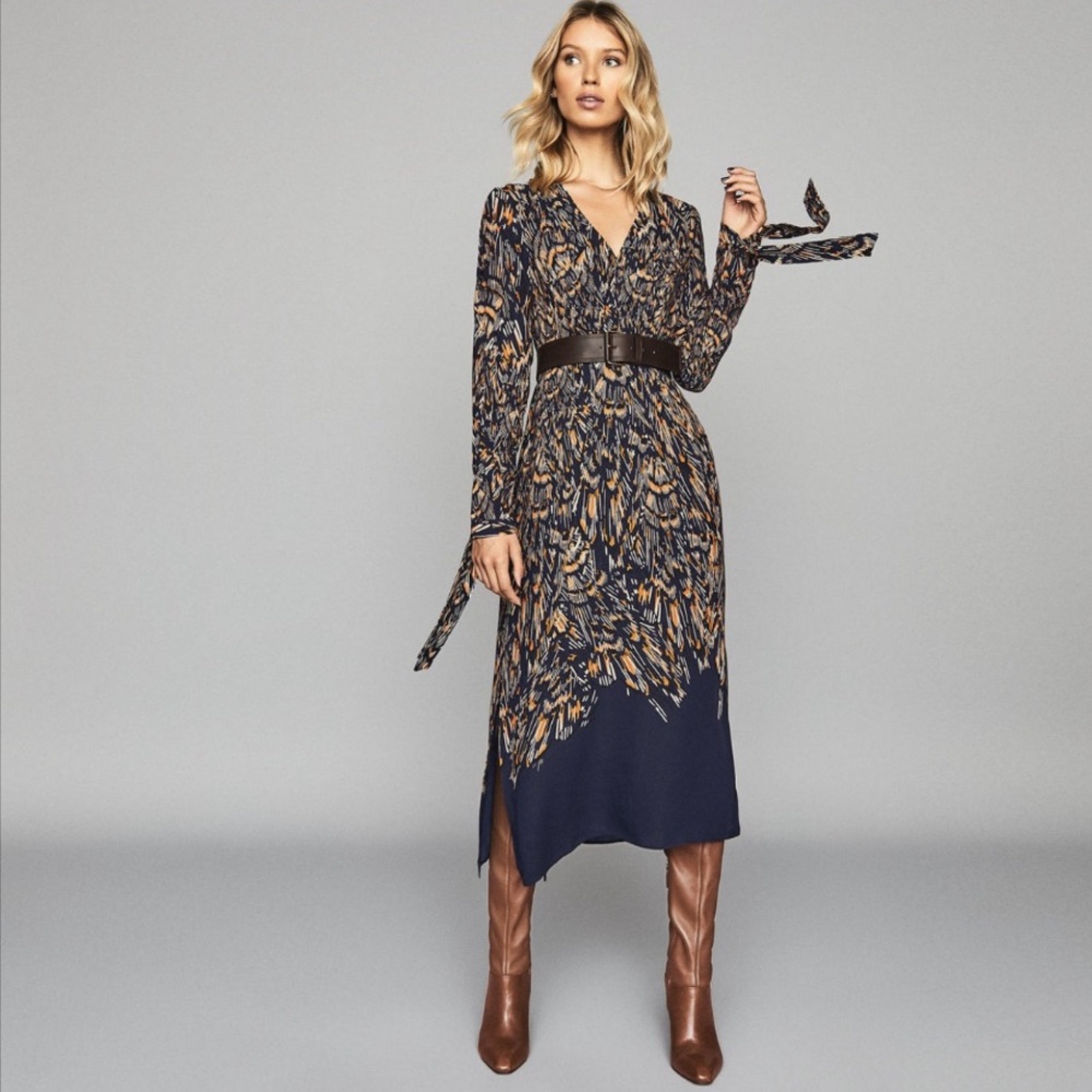 NWT Reiss Erin Abstract Feather Print Midi…
